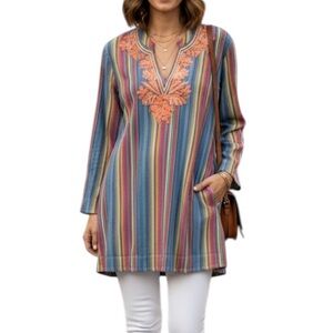 Soft Surroundings Boho Embroidered Striped Cotton Long Sleeve Tunic Top 1X Blue